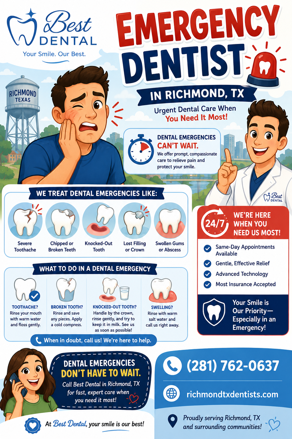 Emergency dentist in Richmond, TX. Same-day care for toothaches, broken teeth, and abscesses at Best Dental.