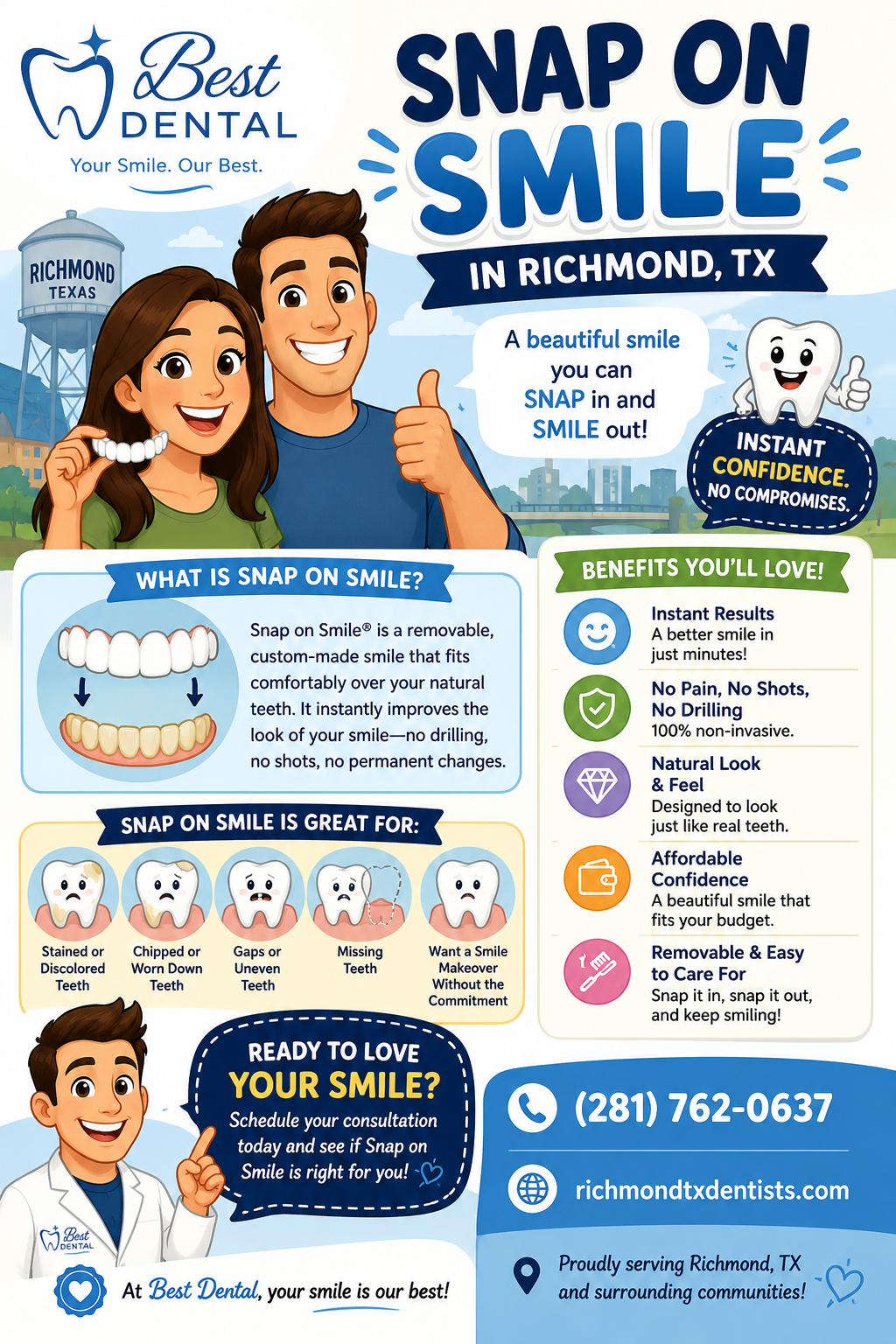 Custom Snap-On Smile appliance designed by Dr. Jasmine Naderi at Best Dental in Richmond, TX