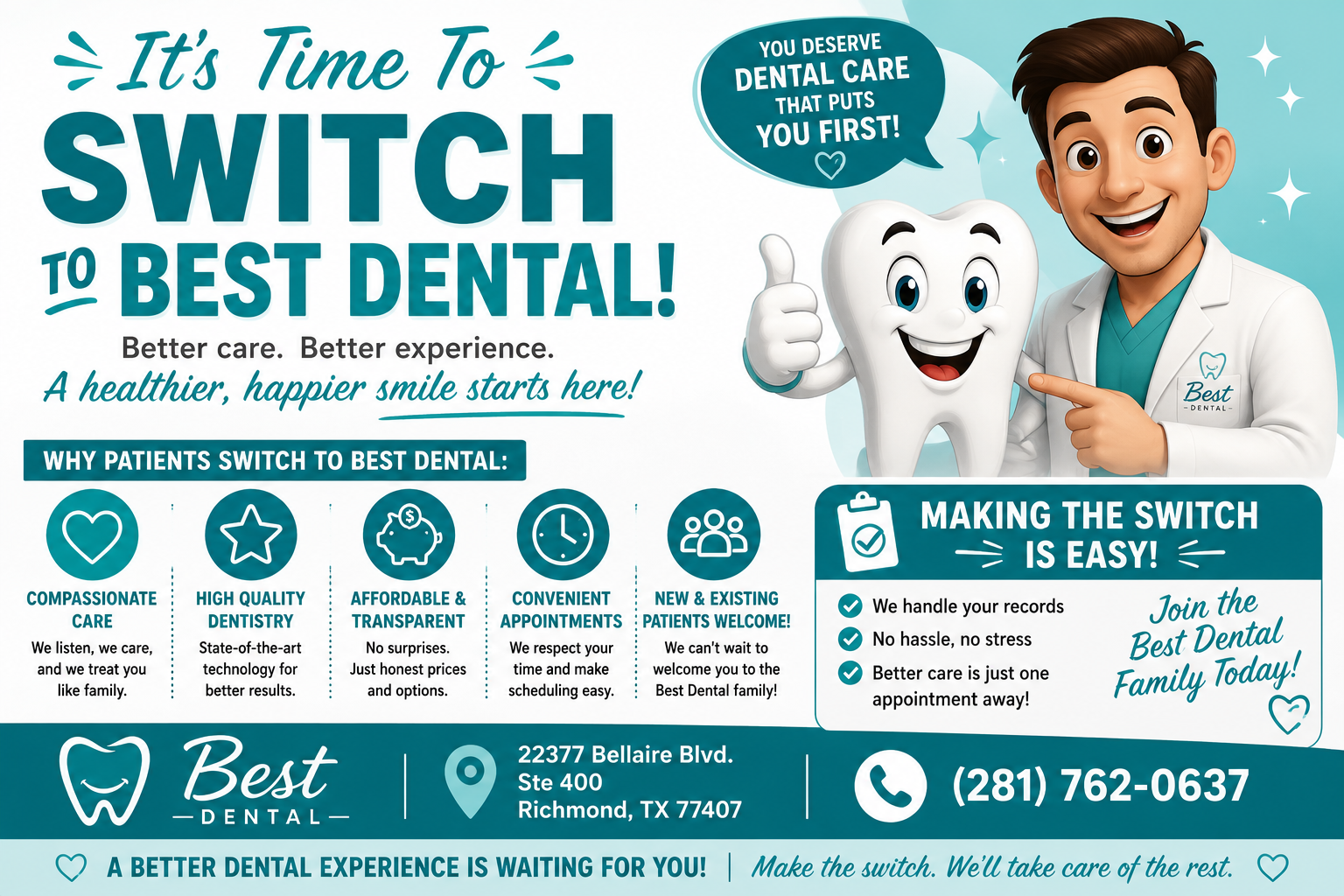 Patient searching switching dentists near me discussing a treatment plan at a new dental practice in the Houston, TX area