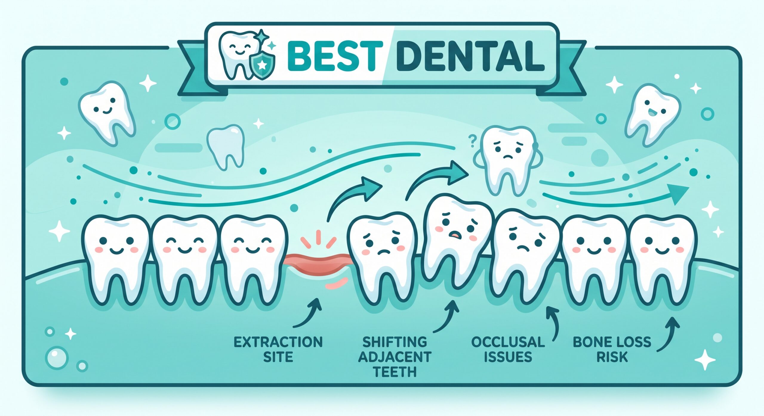 Teeth shifting after tooth extraction illustration showing bone loss and adjacent tooth drift near Richmond TX